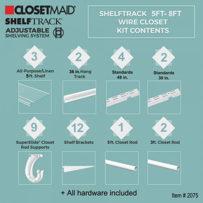 Adjustable ShelfTrack Organiser Kit 2075, 1.83m (6') up to 2.44m (8')  wide